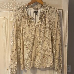 Light Cream Floral Ruffle Neck Long-Sleeve Blouse